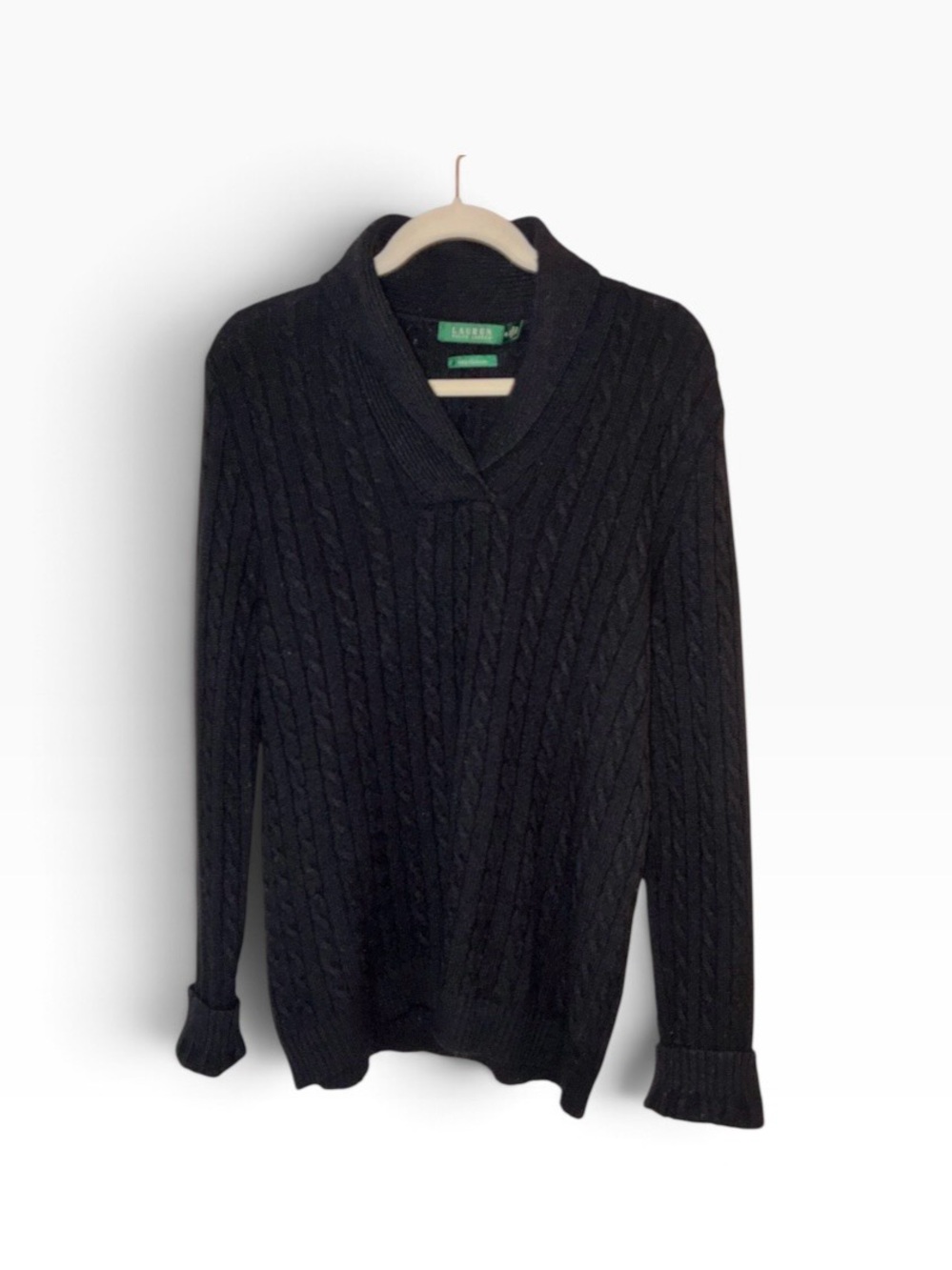 Ralph Lauren Sweater 100% Cashmere Cable Knit Black V Neck Shawl Collar Sz XL